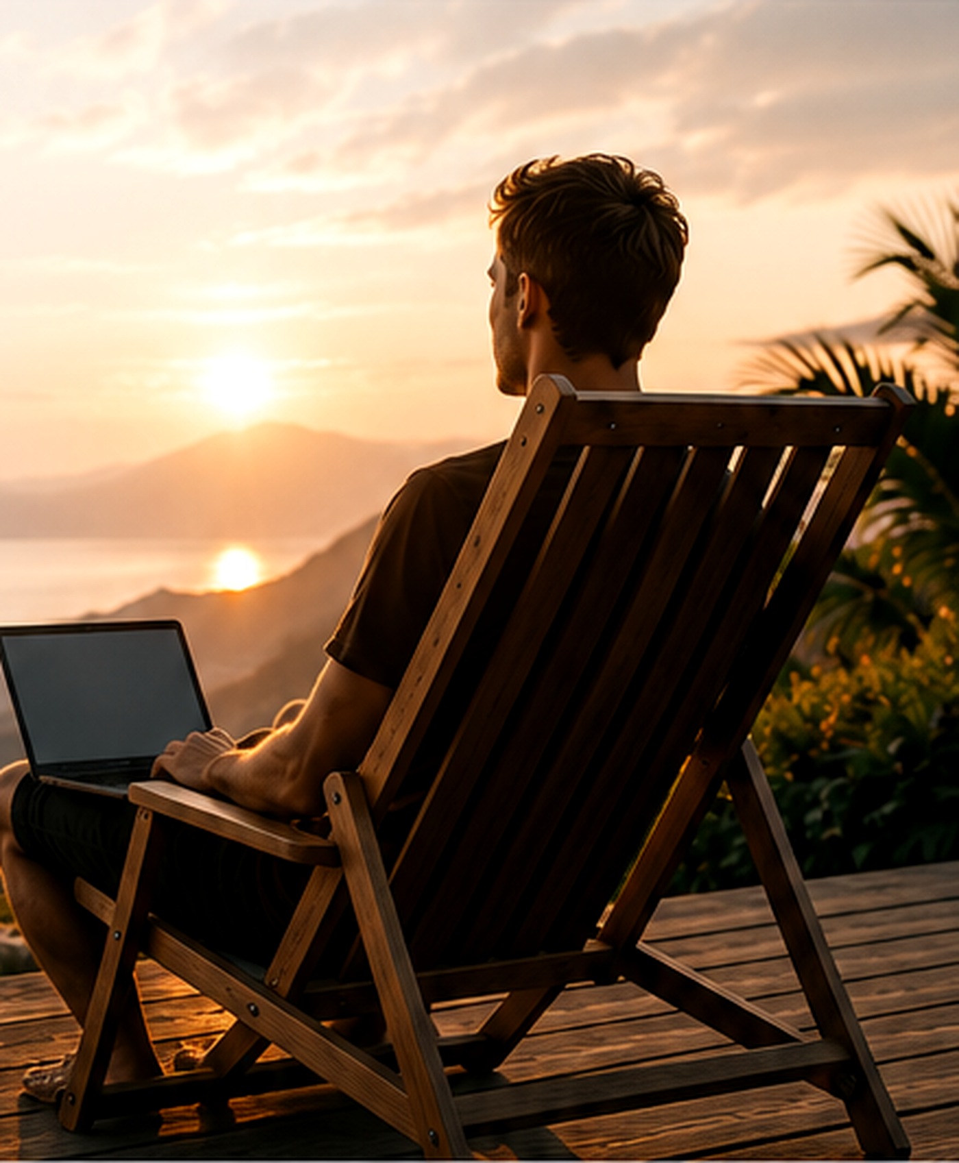 Mann im Stuhl mit Laptop und Blick auf den Sonnenuntergang